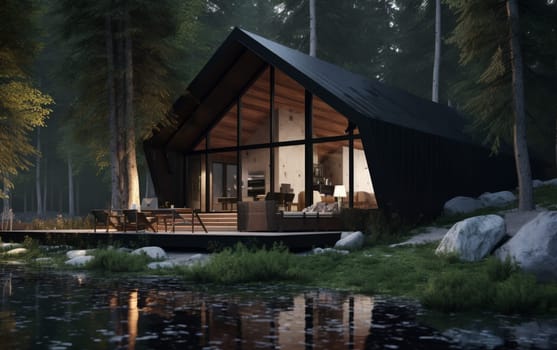 Beautiful modern modular home with wild nature in the background. Modern architecture.