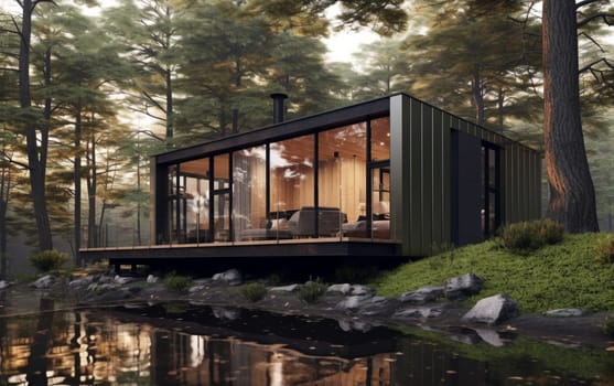 Beautiful modern modular home with wild nature in the background. Modern architecture.