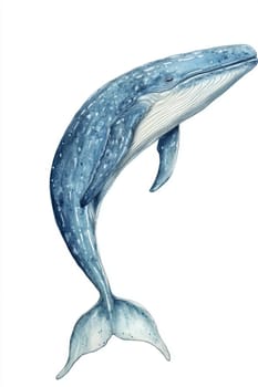 Image of a whale on a light background. Blue whale painted with blue watercolor paint. High quality photo