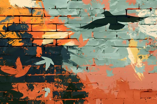 A vibrant mural depicts birds in motion against a colorful brick wall backdrop