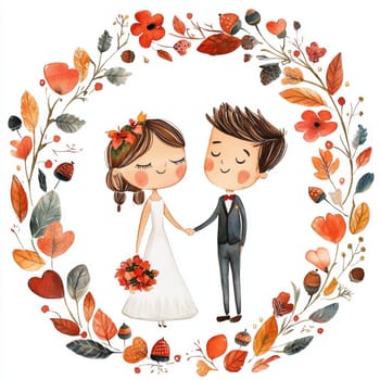 An image of a bride and groom in wedding attire, looking at each other. They are surrounded by flowers. High quality photo