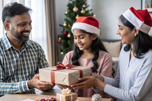 Family, winter holidays and people concept - happy Indian mother, father and daughter opening gift box at home on Christmas. High quality photo