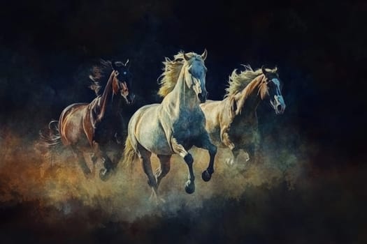 Three horses run across the field in the fog. High quality photo