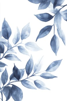 Leaves, tree branches painted with blue watercolor on a white background. High quality photo