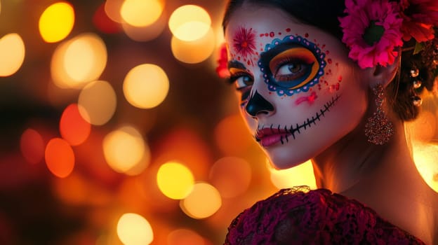 Body art on a woman's face, a wreath of roses on the city. Death costume at a party. High quality photo