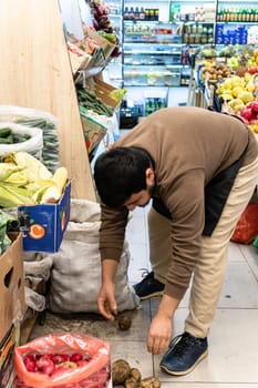 market caucasian man selling food shopping seller organic groceries vegetable vegan buying people