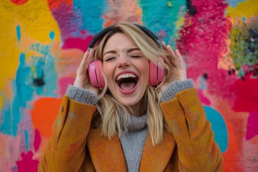 Beautiful woman in warm outerwear enjoying music on wireless headphones in cold weather. High quality photo
