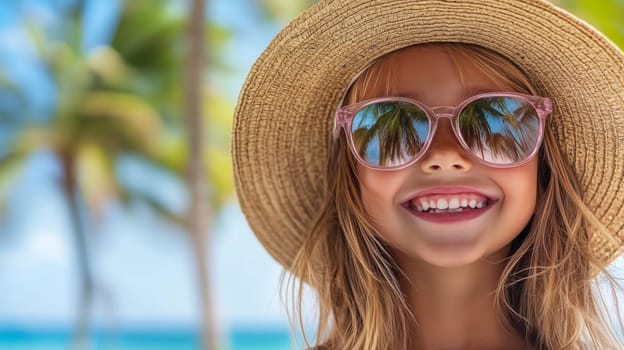 Portrait of cute preschool girl wearing hat and sunglasses. Girl laughing cheerfully during family vacation in tropics on winter holidays. High quality photo