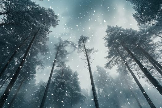 Bottom up view of tree tops in winter forest. High quality photo