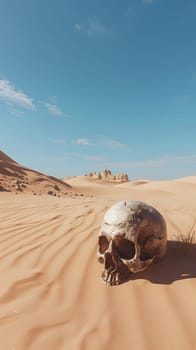 An eerie skull lies amidst dunes in a vast sandy desert, an ancient desolate landscape