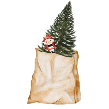 Christmas card watercolor. Hand drawn vintage evergreen tree with with vintage toys nutcracker in a bag isolated on white background. Clip art of Christmas and New Year symbol. Ideal for greeting cards, posters and home crafts design. High quality illustration
