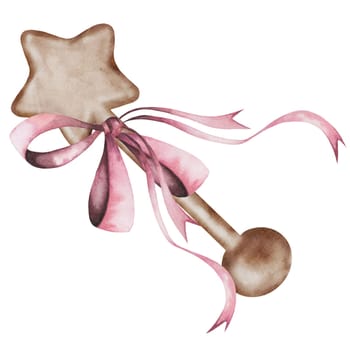 Baby rattle toy watercolor. Isolated clip art on a white background wooden star on a stick. For cards, tags and invitations to baby shower and birth. High quality photo