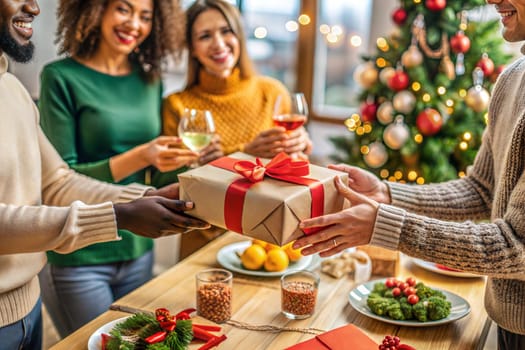 Multicultural friends exchange Christmas gifts while sitting at the table and celebrating Christmas together. Ai generated image