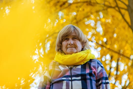 Senior woman in autumn park. Selective focus. nature.