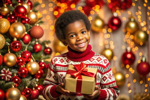 Happy little smiling African American boy in holiday sweater with Christmas gift box near Christmas tree. Ai generated