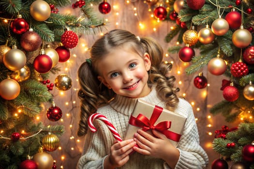 Happy little smiling girl with Christmas gift box and candy cane near Christmas tree. Ai generated