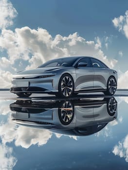 Modern electric car reflecting on shiny surface. Blue sky with fluffy clouds backdrop.