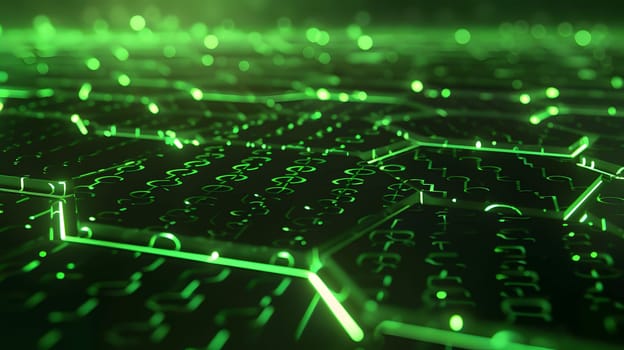 Abstract digital grid with green glowing hexagons, representing technology and data