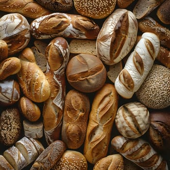 An assortment of various types of bread made with natural ingredients like nuts and seeds displayed on a wooden table. A staple food in different cuisines
