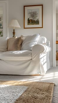 The living room is beautifully designed with a white couch and a sleek lamp, adding comfort and style. The hardwood flooring complements the wood furniture in the house