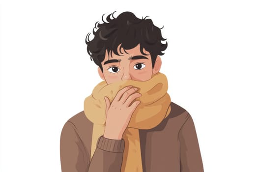 The sad man is dressed in warm clothes and a woolen scarf. A man has a cold, experiences autumn depression, and is depressed. High quality photo