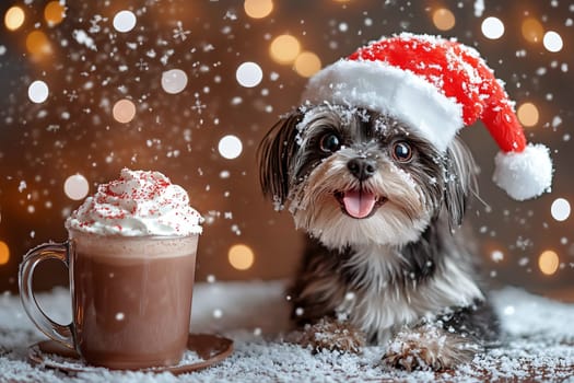 Smiling little funny puppy in Santa hat with big mug of hot chocolate.