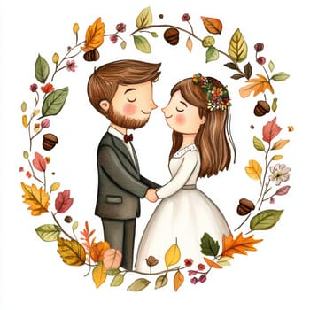 An image of a bride and groom in wedding attire, looking at each other. They are surrounded by flowers. High quality photo