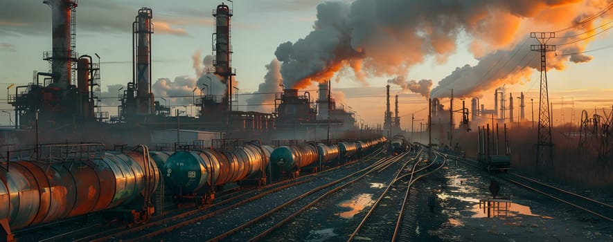 An industrial complex with smoke stacks and train tracks in the evening light