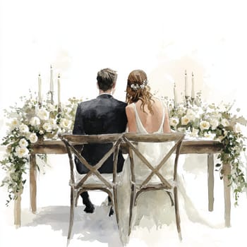 Image of the bride and groom in wedding dresses. They are sitting on chairs at the wedding table. Rear view. High quality photo