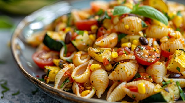 Shell pasta with mixed vegetables, basil, and herbs, perfect for a fresh summer meal