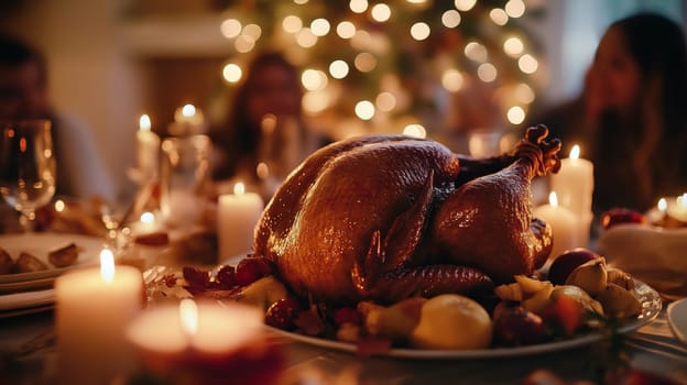 Festive dinner. On the table is a traditional dish - roast turkey. High quality photo