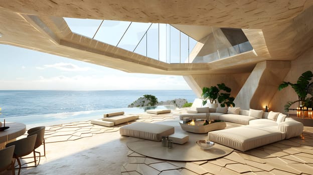 A house with a living room featuring furniture made of wood, offering views of the ocean, swimming pool, and lush trees, creating a peaceful and leisurely ambiance