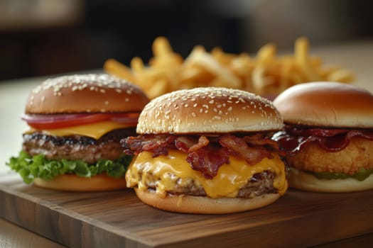 Three juicy tasty hamburgers lie on a wooden table in a bar or cafe. High quality photo