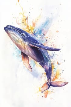 Image of a whale on a light background. Blue whale painted with blue watercolor paint. High quality photo