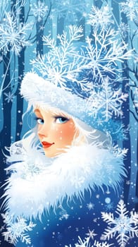 Portrait of a very beautiful woman in a winter forest, a fairy or mistress of the forest walks around her domain. High quality photo