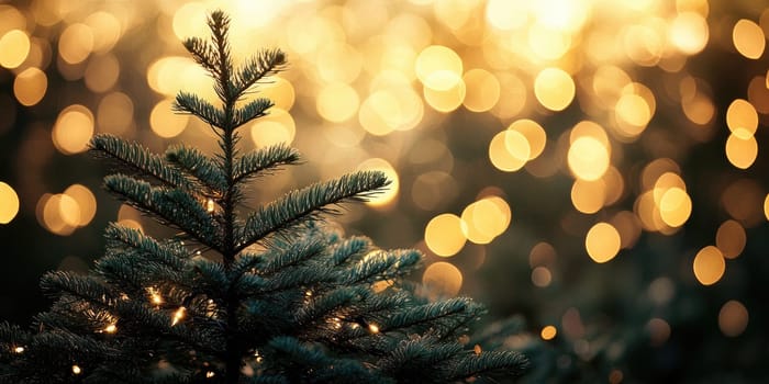 Christmas tree silhouette with soft focus bokeh lights for festive holiday design.