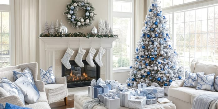 Elegant family christmas celebration. Silver and blue themed holiday decor.