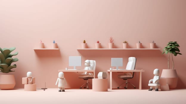 A beautifully designed pink pastel home office featuring modern furniture like desks and chairs. Lush indoor plants enhance the aesthetic, creating a bright and inviting workspace.