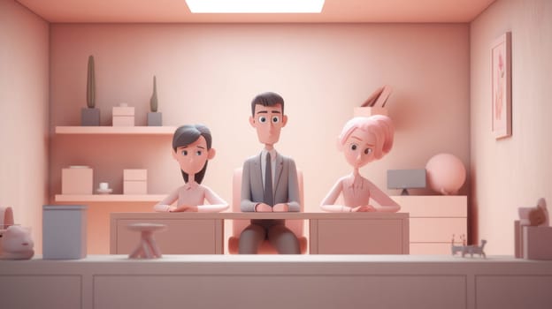 A man in a tailored suit engages in a serious discussion with two women in business casual attire. They are in a modern office space with stylish pink decor, showcasing professionalism.