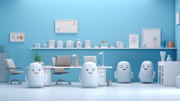 The mascots are gathered in front of a desk with a computer on it. There are shelves on the walls with various knick-knacks on them. The floor is white, and the walls are blue.