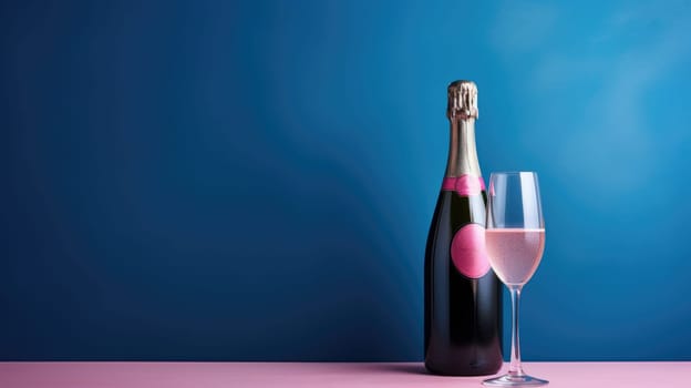 Blue wine bottle and glass on a pink table with a blue background. Mockup design.