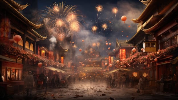 A lively night market street, bustling with people enjoying colorful lanterns and fireworks. The vibrant atmosphere is enhanced by shops and stalls offering various goods and delicious food.