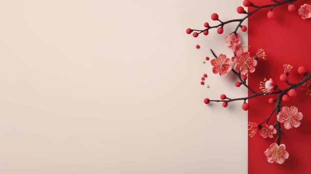 This image features a close-up of delicate red plum blossoms on a vibrant red background, creating a striking visual perfect for Chinese New Year themes and festive celebrations.