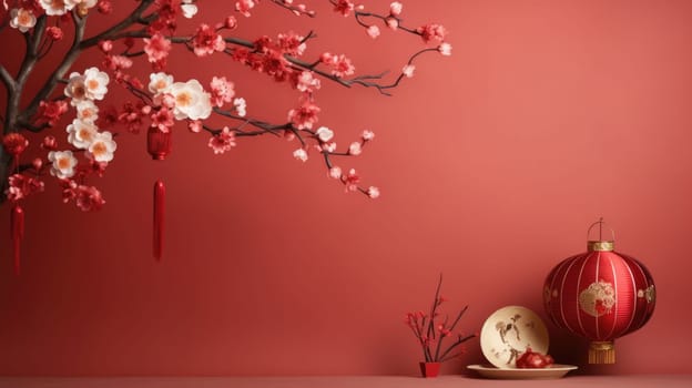 This stock image features an arrangement of delicate pink and white paper flowers against a vibrant red background. The contrast creates a striking and dreamy aesthetic, perfect for design projects.