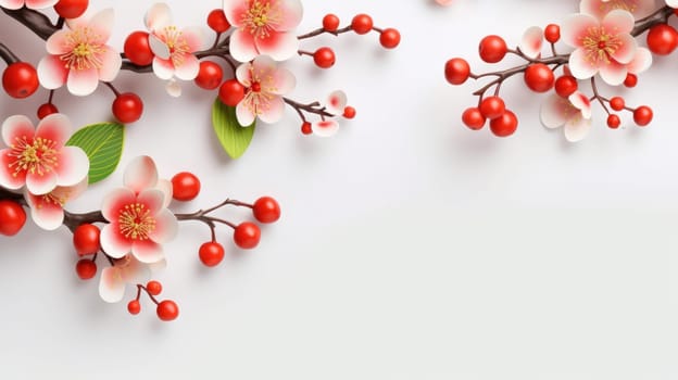 A stunning image featuring delicate pink and white cherry blossoms adorned with vibrant red berries, all set against a clean white background, ideal for spring and summer-themed designs.