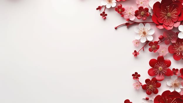 A beautiful and delicate arrangement of paper flowers in shades of red and pink on a white background. Perfect for adding a touch of elegance to any room or occasion.