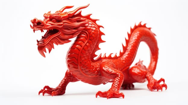 This image features a red dragon figurine on a white background, representing strength and power, often used in art and decor for celebrations like Chinese New Year.