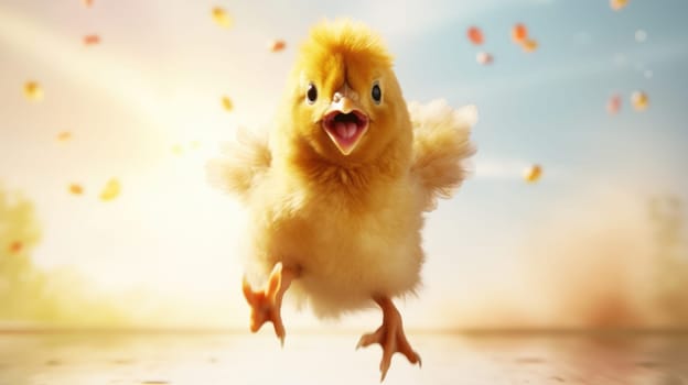 Vibrant chicken flying with colorful rainbow feathers in the sky on bright background.