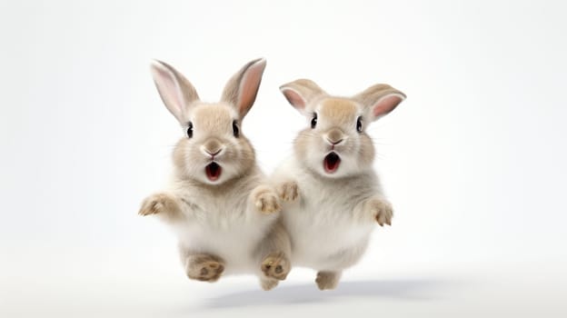 Adorable fluffy rabbits with perky ears hopping on white background.