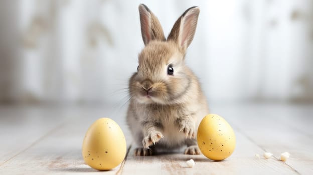 Studio shot of a cute bunny with Easter eggs on a white background.